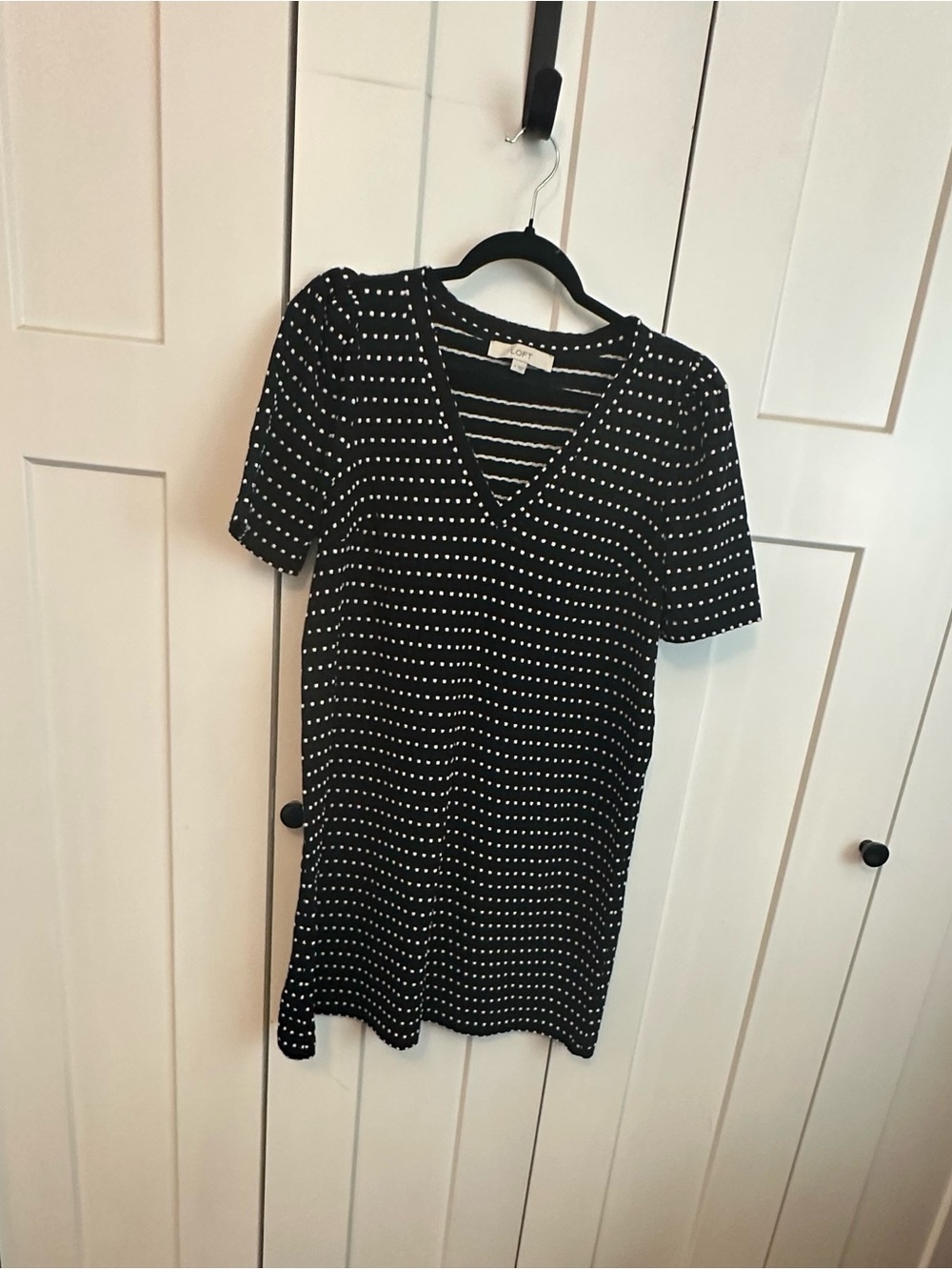 LOFT Black Dress with White Polka Dot and Stripe Detail